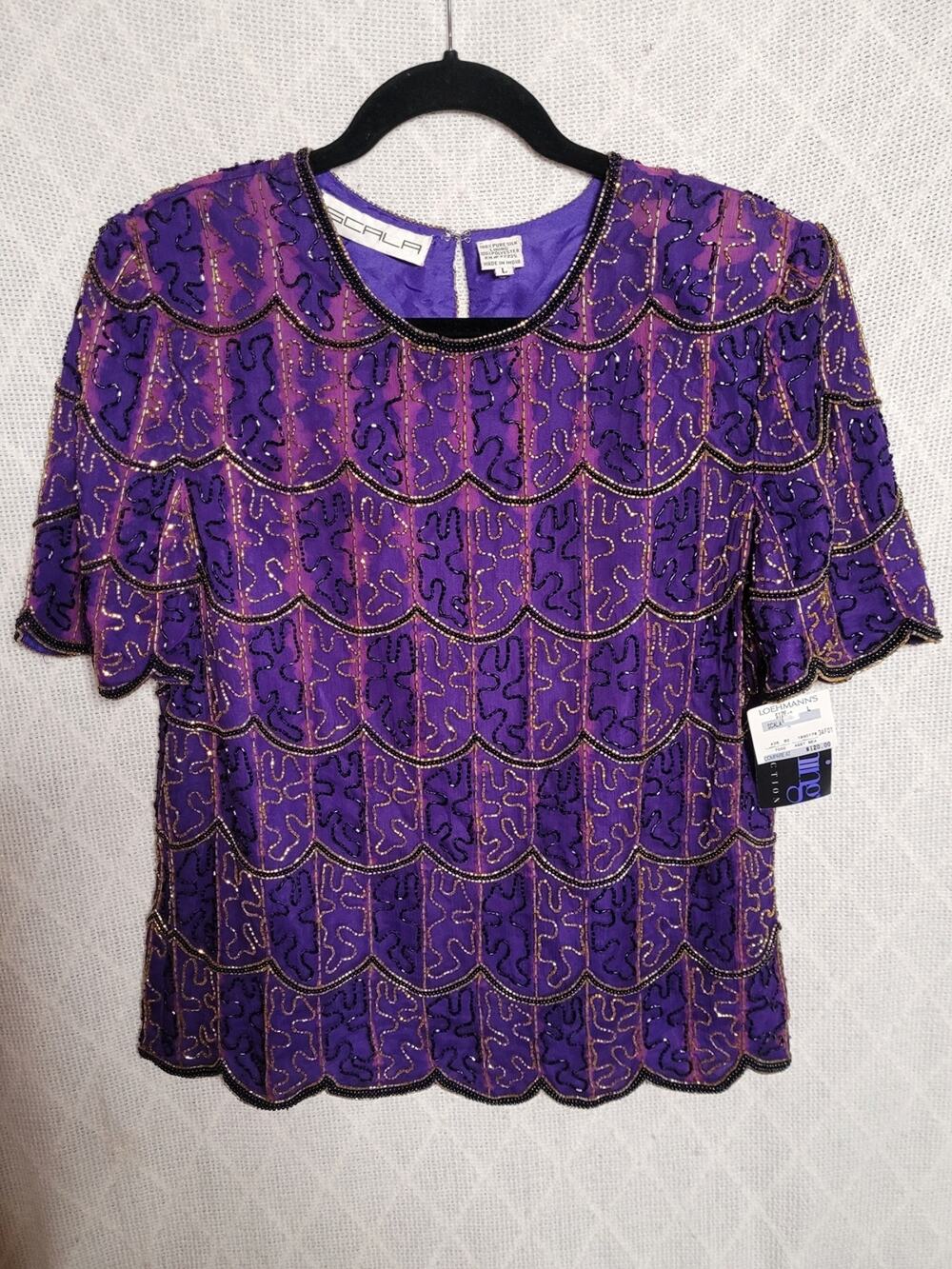 Vintage Scala Beaded Silk Top Purple Gold Art Deco Festival Glam L